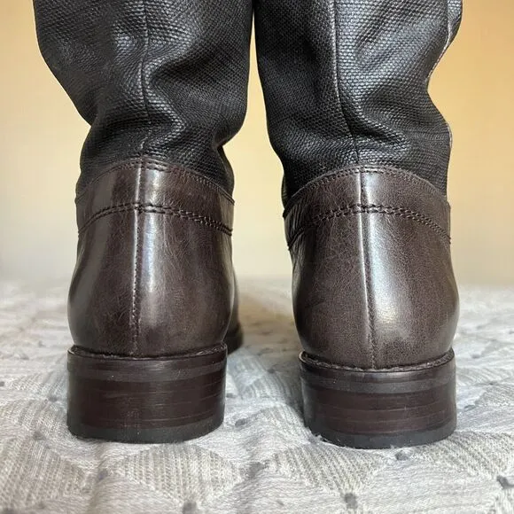 Stuart Weitzman Ludlow Brown Tall Leather &amp; Coated Canvas Boot w/ Buckles Sz 5.5