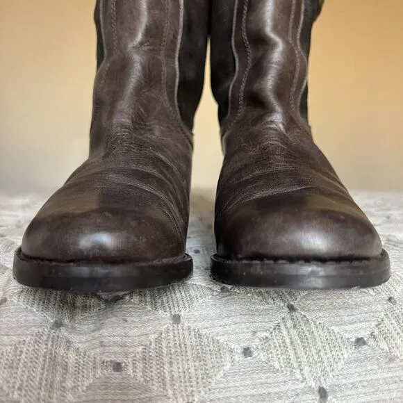 Stuart Weitzman Ludlow Brown Tall Leather &amp; Coated Canvas Boot w/ Buckles Sz 5.5