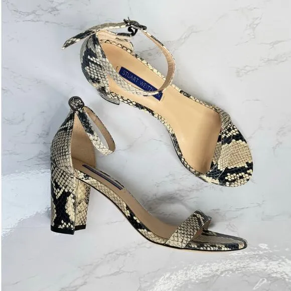 Stuart Weitzman NearlyNude Block Heels Snake Print Leather Sandals Heels Size 7