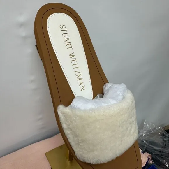 Stuart Weitzman Womens Cammy White Slide Sandals Sheep Shearling