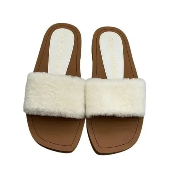 Stuart Weitzman Womens Cammy White Slide Sandals Sheep Shearling