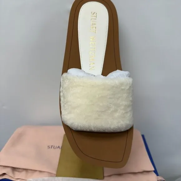 Stuart Weitzman Womens Cammy White Slide Sandals Sheep Shearling