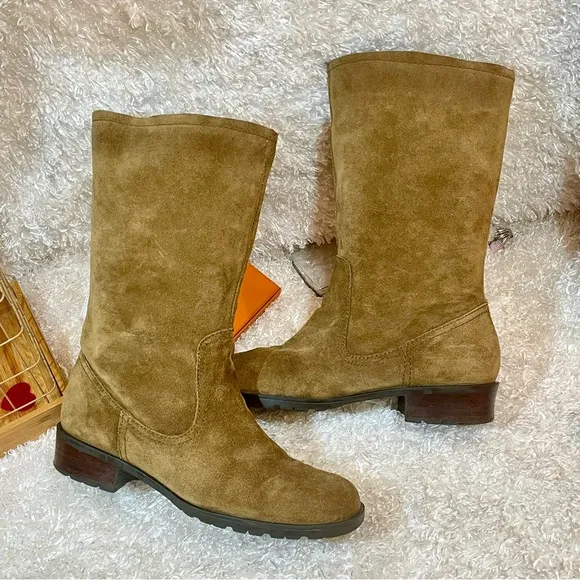 Summer Suede unlined Genuine Leather pull on high mid calf boots size: 7.5 brown