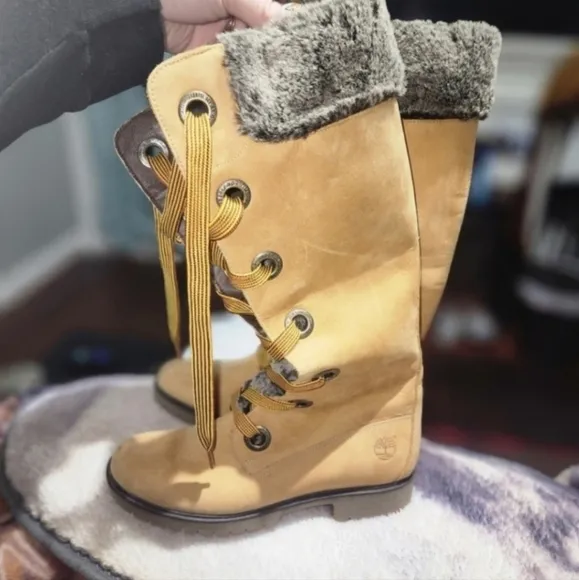 SUPER RARE Y2K!Timberland Mirney Faux Fur Lace up  Knee High Women Boots