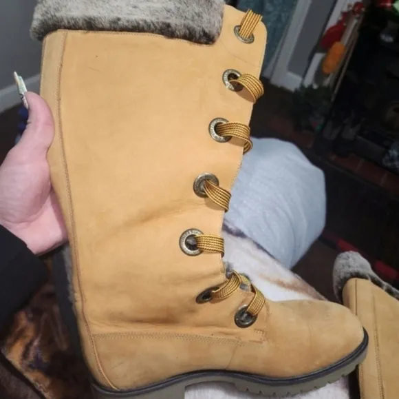 SUPER RARE Y2K!Timberland Mirney Faux Fur Lace up  Knee High Women Boots