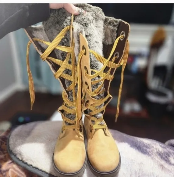 SUPER RARE Y2K!Timberland Mirney Faux Fur Lace up  Knee High Women Boots