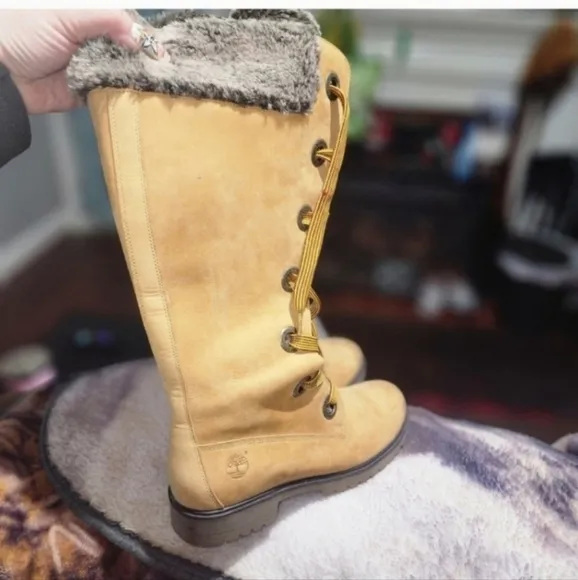 SUPER RARE Y2K!Timberland Mirney Faux Fur Lace up  Knee High Women Boots