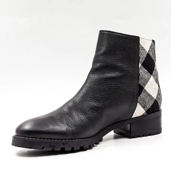 Talbots Women Tish Lug Pebble Black Leather Fabric Zip ankle boots size 10