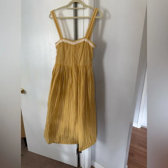 THE GREAT. Laurel Midi Sun Dress in Sunburst Stripes Yellow