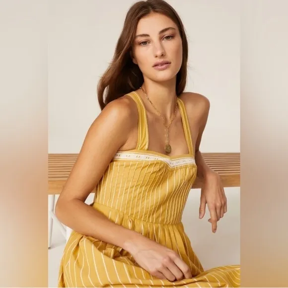 THE GREAT. Laurel Midi Sun Dress in Sunburst Stripes Yellow