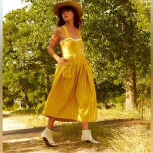 THE GREAT. Laurel Midi Sun Dress in Sunburst Stripes Yellow