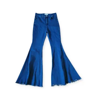 three bird nest exhausted dark wash raw hem flare jeans ultra comfort stretch