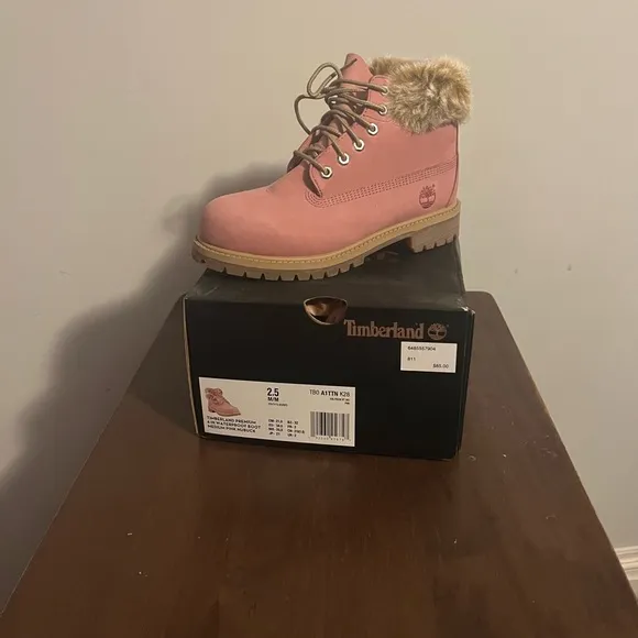 Timberland Pink and Tan Boots with Fur Lining and Rubber Sole