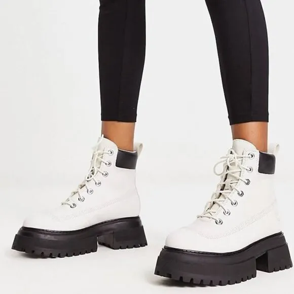 Timberland Sky 6 Inch Lace-up Boots Leather Combat Booties White Size 7 NEW