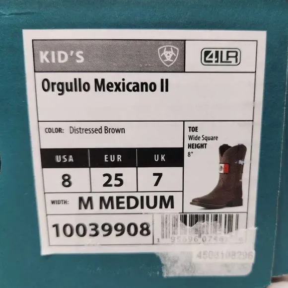 Toddler 8 Ariat kids Orgullo Mexicano II western cowboy Mexico boots 10039908