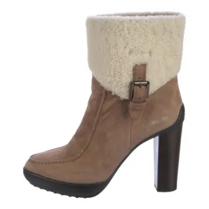 Tod’s Brown Shearling-Lined Suede Block Heel Boots Booties 39 9