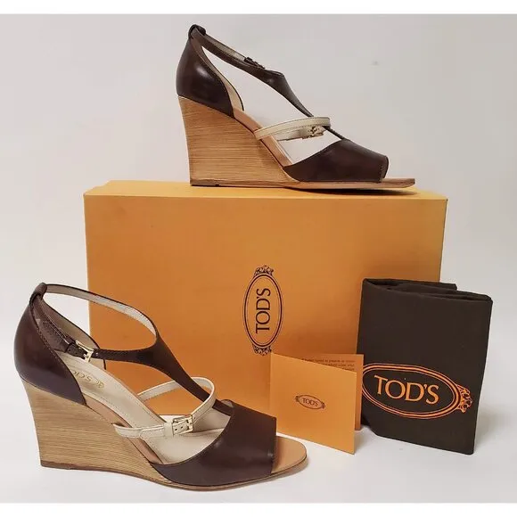TOD'S SHOES BROWN LEATHER STRAPPY WOODEN WEDGE HEEL SANDALS sz IT 40 US 10