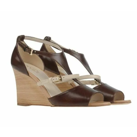 TOD'S SHOES BROWN LEATHER STRAPPY WOODEN WEDGE HEEL SANDALS sz IT 40 US 10