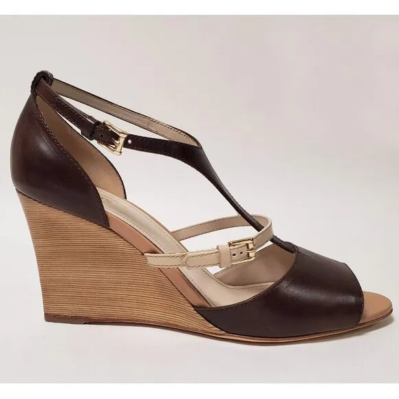 TOD'S SHOES BROWN LEATHER STRAPPY WOODEN WEDGE HEEL SANDALS sz IT 40 US 10