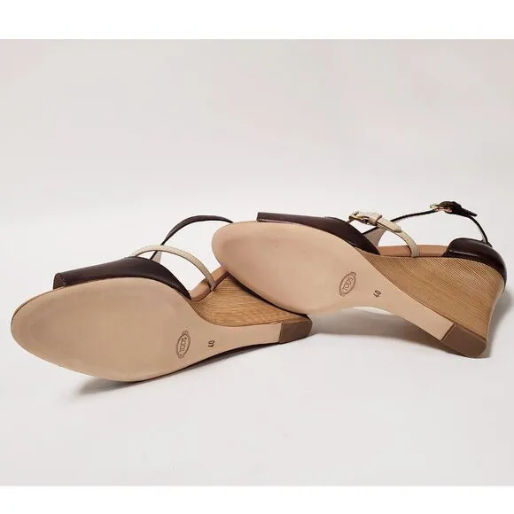 TOD'S SHOES BROWN LEATHER STRAPPY WOODEN WEDGE HEEL SANDALS sz IT 40 US 10
