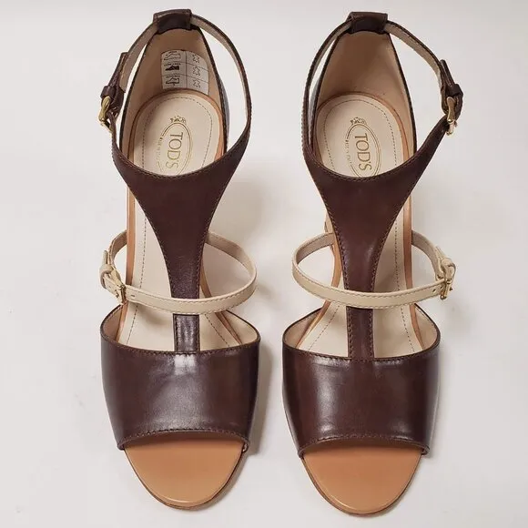 TOD'S SHOES BROWN LEATHER STRAPPY WOODEN WEDGE HEEL SANDALS sz IT 40 US 10