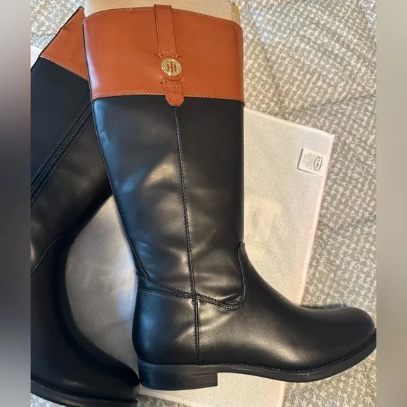 Tommy Hilfiger Black and Tan Leather Riding Boots