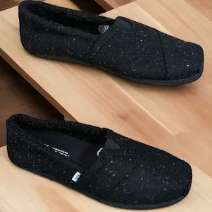 **TOMS Alpargata Black Repreve Speckled Twill Faux Shearling Shoes  (99)