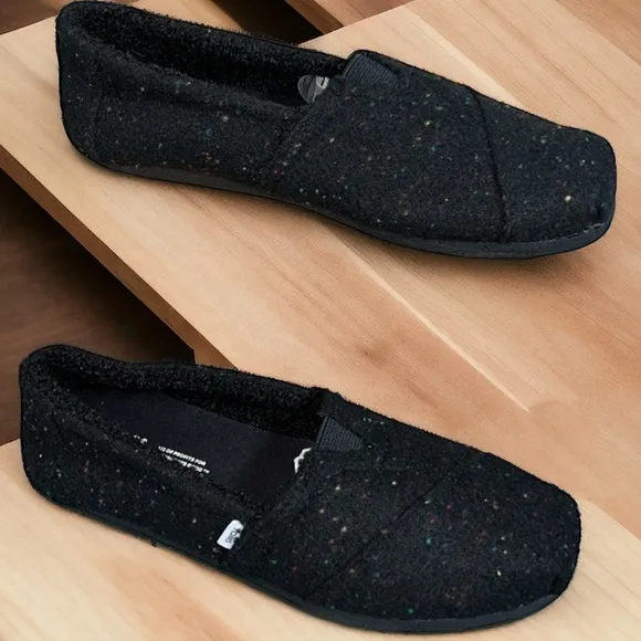 **TOMS Alpargata Black Repreve Speckled Twill Faux Shearling Shoes  (99)