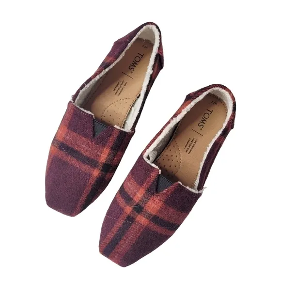 TOMS Womens Alapargata Cozy Belmont Plaid Slip On Flats Casual - Red Size 7