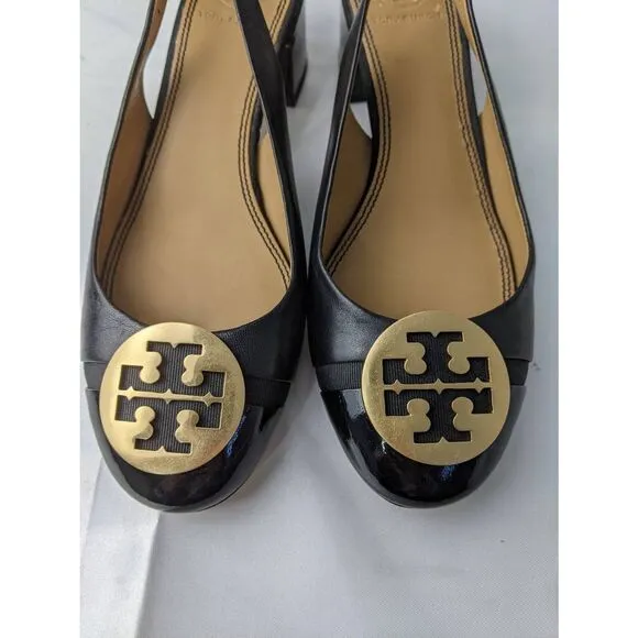 Tory Burch Black Benton Leather Mini Cap Slingback Pump Sandals Shoes Sz 6
