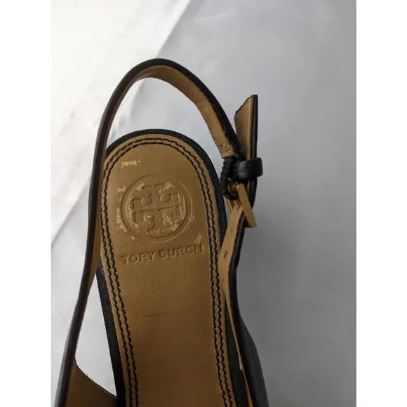 Tory Burch Black Benton Leather Mini Cap Slingback Pump Sandals Shoes Sz 6
