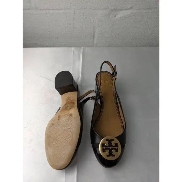 Tory Burch Black Benton Leather Mini Cap Slingback Pump Sandals Shoes Sz 6