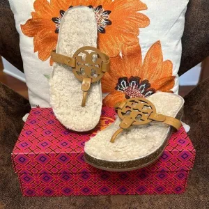 TORY BURCH CLOUD SHEARLING LEATHER MILLER SANDALS NATURAL CORK VGUC SZ 8M