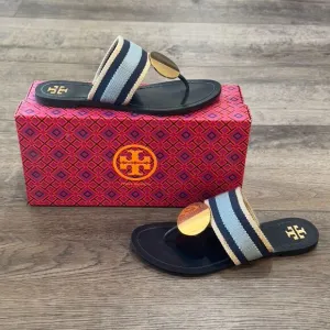 Tory Burch Pastos Disk Sandals Colorblock Pattern Blue Khaki Slides Women's 7.5