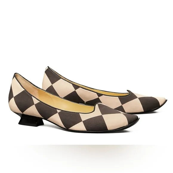 TORY BURCH Slip On Heels Harlequin Checkered Pointed Shoes Size 10.5 US Black