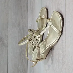 Tory Burch Womens Leather Gold Logo Wedge Sandals shoes sz 7.5M