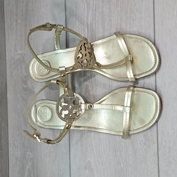 Tory Burch Womens Leather Gold Logo Wedge Sandals shoes sz 7.5M