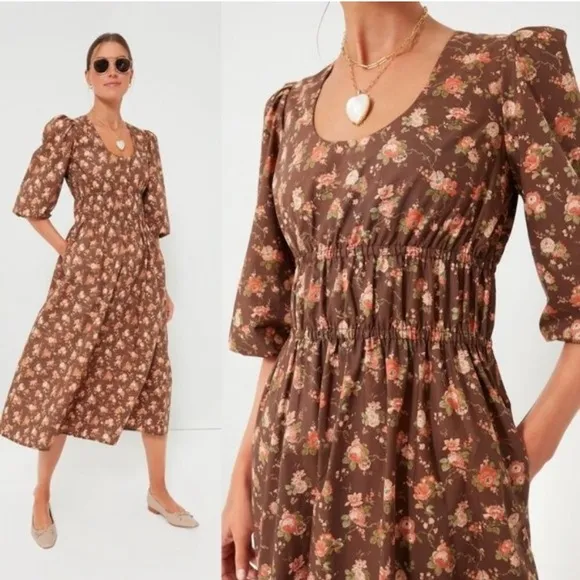 Tuckernuck Rosewood Chintz Marlena Floral Brown Boho Midi Dress Size Small NWT