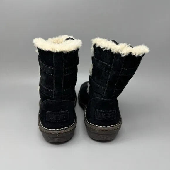 UGG 3335 Caspia Black Suede Shearling Ankle Ties Boots Women's Size 8
