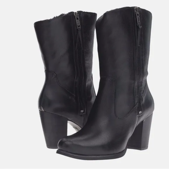 UGG &quot;LYNDA&quot; FOLD OVER SHEARLING LEATHER BLACK BOOTS SHEEPSKIN Size 7