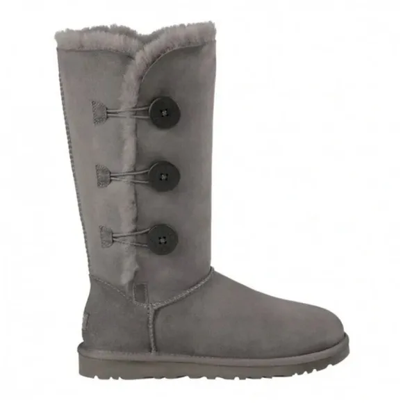 UGG Bailey Button Triplet II Suede Leather Sheepskin Tall Boots in Gray Sz 7