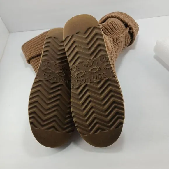 UGG Classic Cardy Tall Knit Crochet Boots Tan Size 7.  5817 Sheepskin Footbed