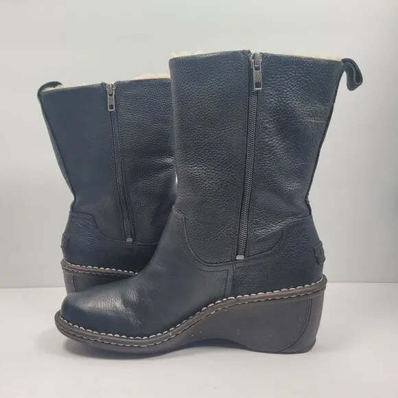 UGG Hartley Women's Black Leather Mid-Calf Wedge Boots S/N1001891 US Size 9