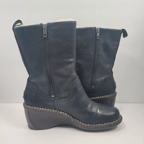 UGG Hartley Women's Black Leather Mid-Calf Wedge Boots S/N1001891 US Size 9