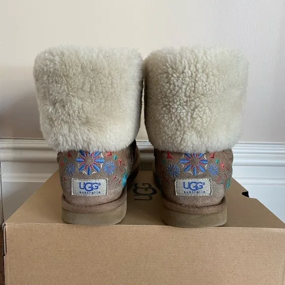 UGG Limited Edition Suede Floral Embroidered Sheepskin Foldover Cuff Boo…