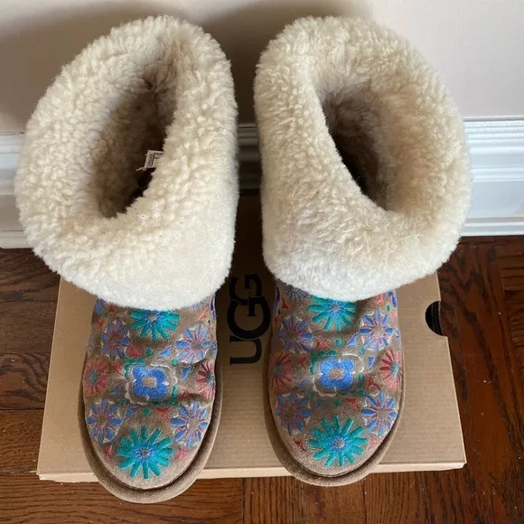UGG Limited Edition Suede Floral Embroidered Sheepskin Foldover Cuff Boo…