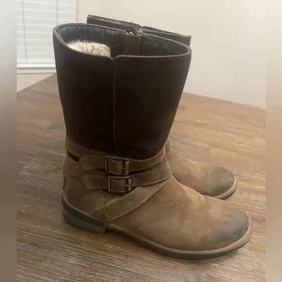 UGG LORNA COCONUT SHELL BROWN LEATHER SUEDE SHEEPSKIN SHORT BOOTS SIZE 8 WOMEN