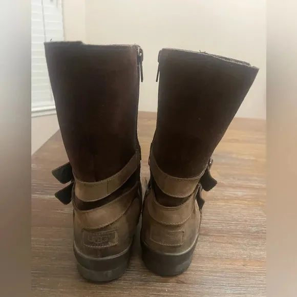 UGG LORNA COCONUT SHELL BROWN LEATHER SUEDE SHEEPSKIN SHORT BOOTS SIZE 8 WOMEN