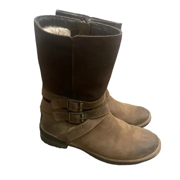 UGG LORNA COCONUT SHELL BROWN LEATHER SUEDE SHEEPSKIN SHORT BOOTS SIZE 8 WOMEN