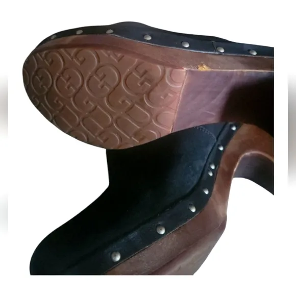 UGG Lynnea Black Leather Foldover Shearling Lined Clog Boots Wood Heel Sz 7